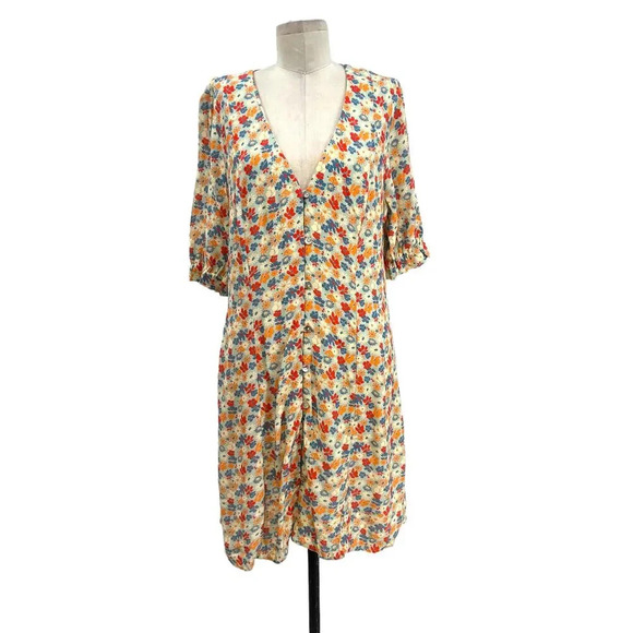 Nobody’s Child Button Front Mini Dress Floral Print Cream Blue Orange Size US 10 - Picture 1 of 15